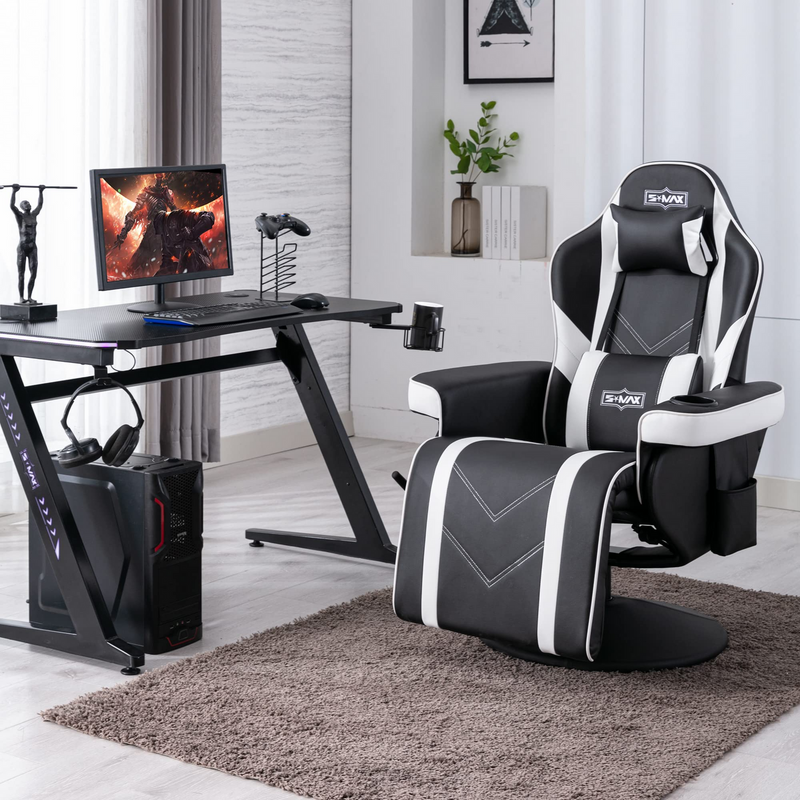 Load image into Gallery viewer, S*MAX Gaming Recliner Chair with Flip-Up Footrest in Black and White PU Leather – Gas Lift Height Adjustable-1