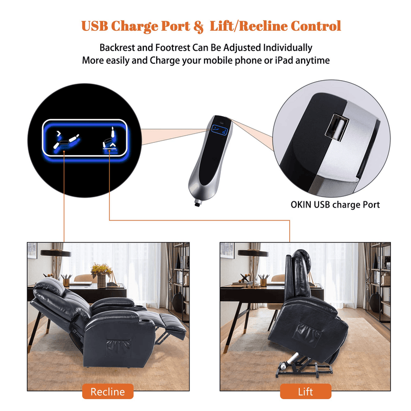 Load image into Gallery viewer, S*MAX Electric Power Lift Recliner Chair with Cup Holders, USB Charging and Remote Control in Black PU Leather