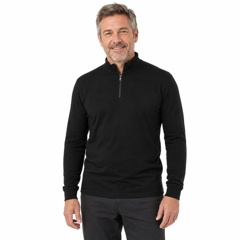 Load image into Gallery viewer, Mens Pure Merino Wool 1/4 Zip Long Sleeve Polo Neck Thermal Top Warm Thermals - Black-1