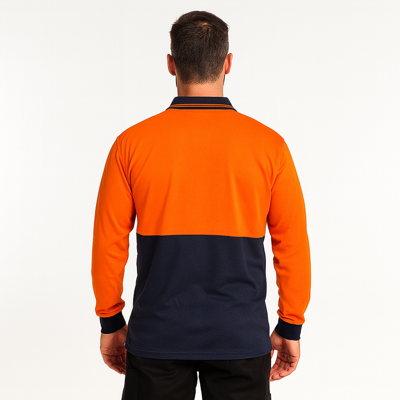 Load image into Gallery viewer, Mens Hi Vis Long Sleeve Polo Shirt Safety Workwear in Orange/Navy-3