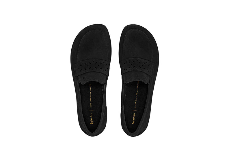 Load image into Gallery viewer, Be Lenka Bianca All Black leather moccasins for women with decorative perforated strap pattern, perfect for any outfit.