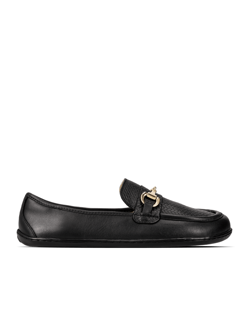 Load image into Gallery viewer, Be Lenka Divella Barefoot Moccasins Black & Gold side view showcasing elegant loafers with gold accents.