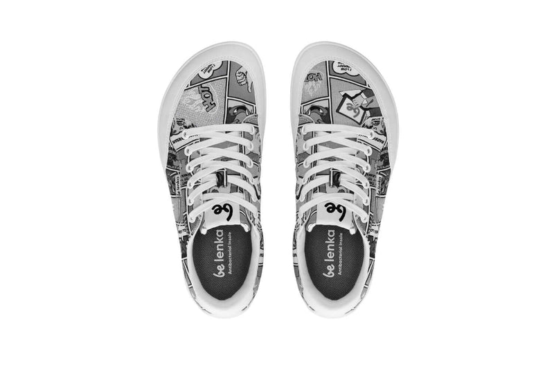 Load image into Gallery viewer, Top view of Be Lenka Rebound barefoot sneakers in black and white comic pattern, stylish and comfortable for everyday wear.