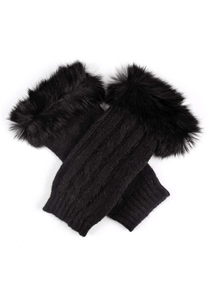 Load image into Gallery viewer, Dents Womens Lambswool Angora Cable Knit Wrist Arm Warmers With Fur Cuff