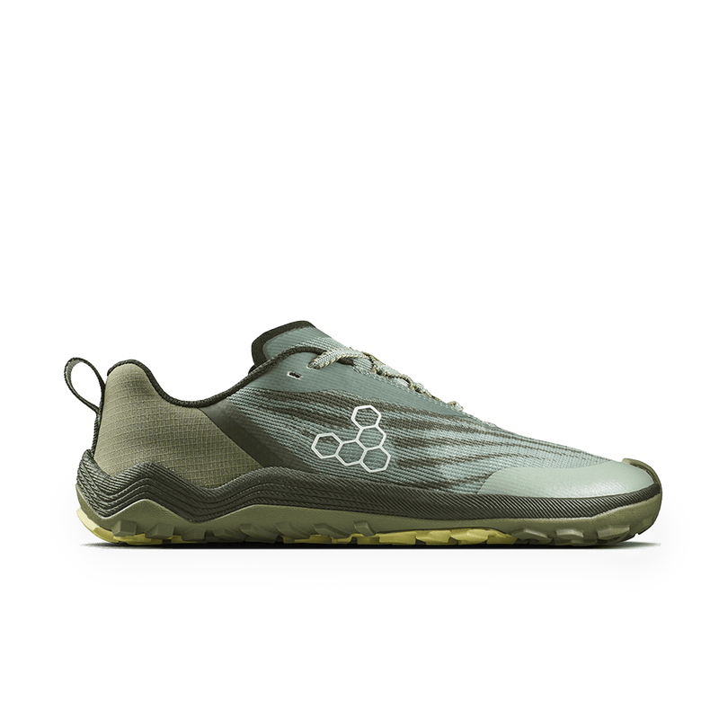 Load image into Gallery viewer, Vivobarefoot Primus Trail Flow Womens Glacial Green side view lightweight breathable trainers for outdoor adventures.