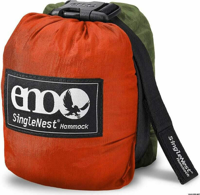 Load image into Gallery viewer, ENO SingleNest hammock in red and green travel bag, compact and ready for camping and outdoor adventures