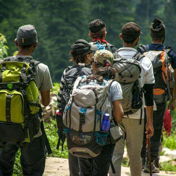 Group of hikers with backpacks walking on a trail through lush green forest, enjoying a family-friendly sustainable adventure.