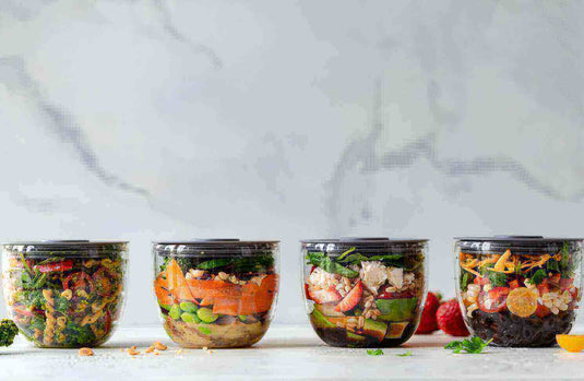 Prepacked healthy meals in containers, ideal for camping trips and easy food preparation.