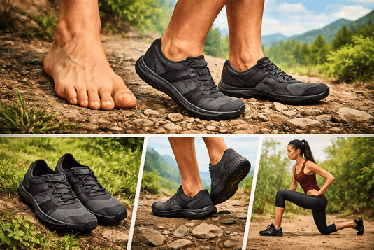 A collage showcasing barefoot shoes in various settings, highlighting the barefoot shoes guide. - Adventureco Blog