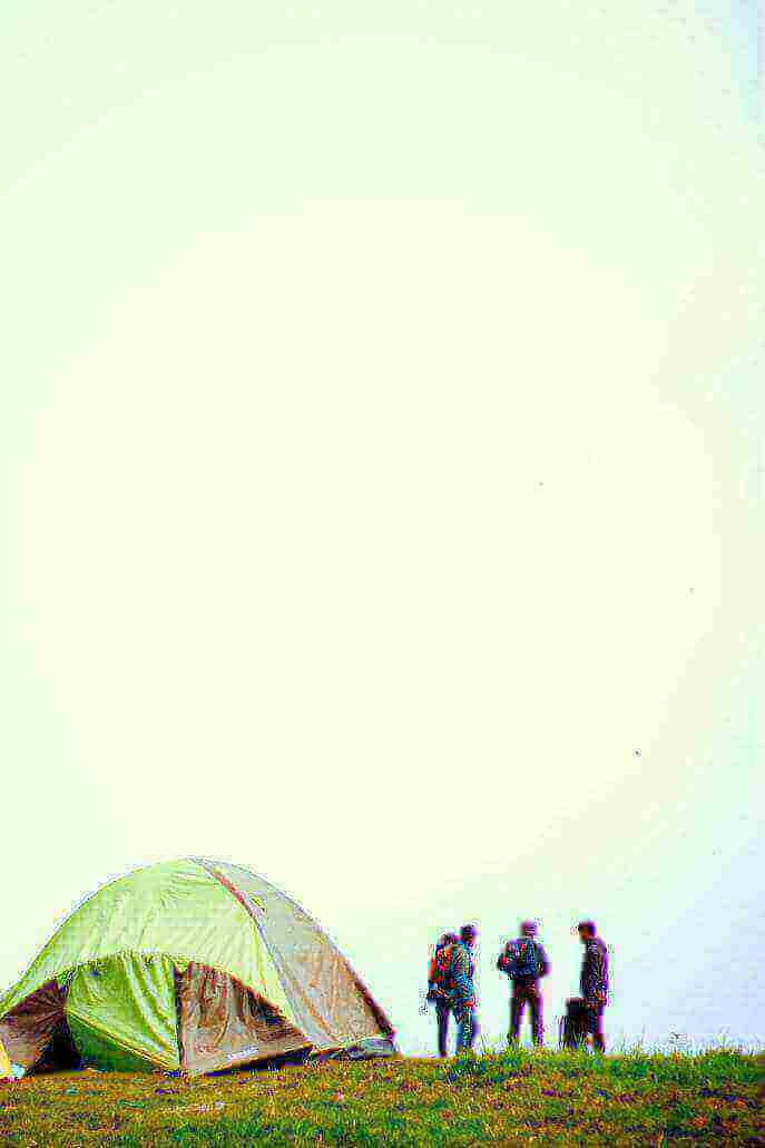 Group of campers standing near a green tent in an open field under a clear sky.