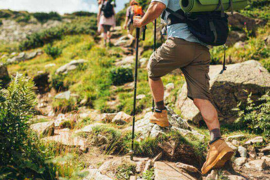 Hikers on a rocky trail in nature, showcasing environmentally-conscious hiking practices.