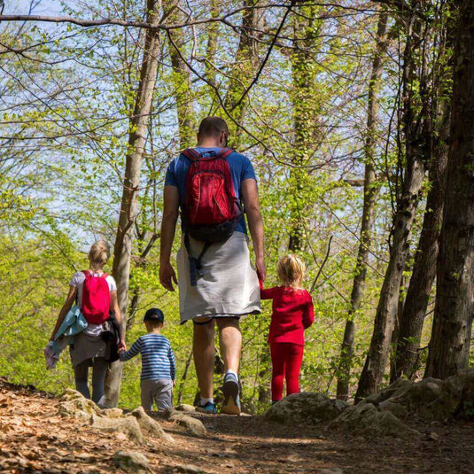 Family hiking on a forest trail, emphasizing environmentally conscious adventures for all ages - Adventureco Blog