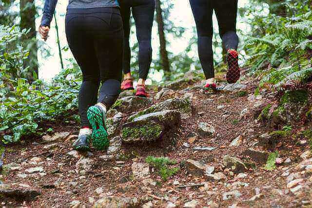 People hiking on a forest trail wearing barefoot shoes for better foot protection and natural movement.