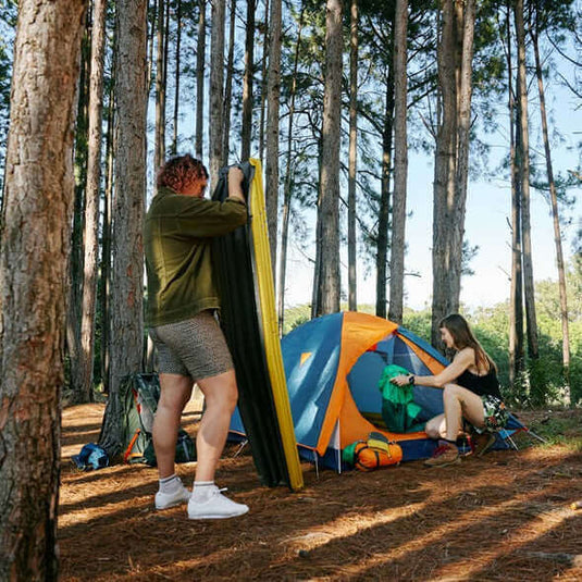 Campers setting up eco-friendly equipment in a forest to minimize their environmental impact.