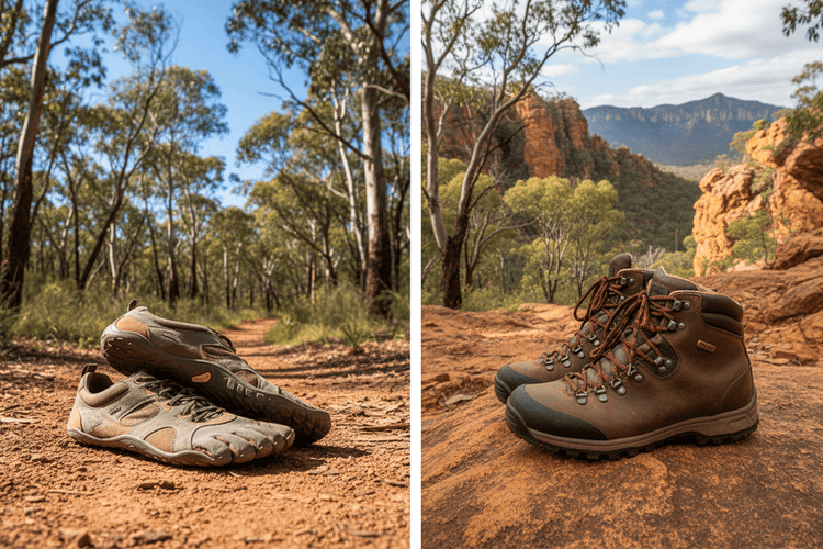 Comparison of barefoot hiking shoes for Australian trails and traditional hiking boots in a natural setting.