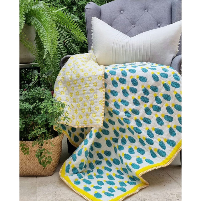 GOTS Certified Organic Cotton Reversible Baby Quilt (100x120cm) - Blue Pineapple-0