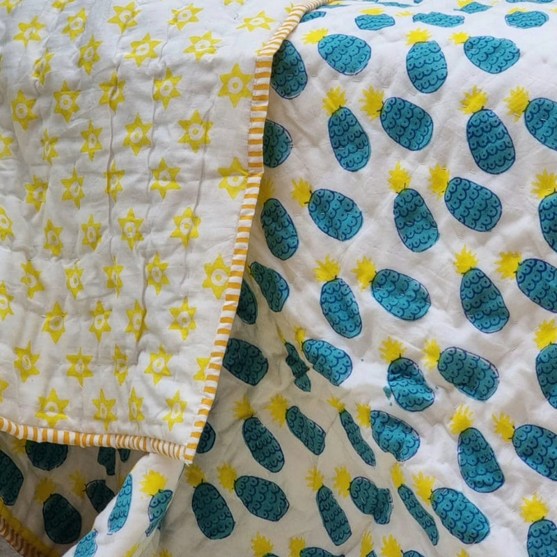 Load image into Gallery viewer, GOTS Certified Organic Cotton Reversible Baby Quilt (100x120cm) - Blue Pineapple-2
