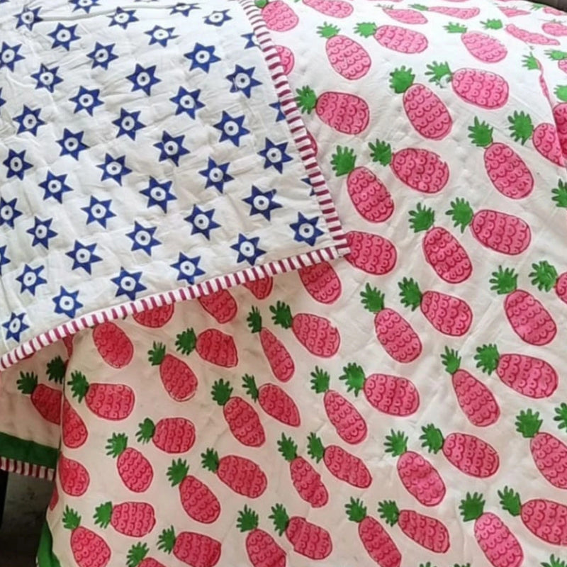 Load image into Gallery viewer, GOTS Certified Organic Cotton Reversible Baby Quilt (100x120cm) - Pink Pineapple-2
