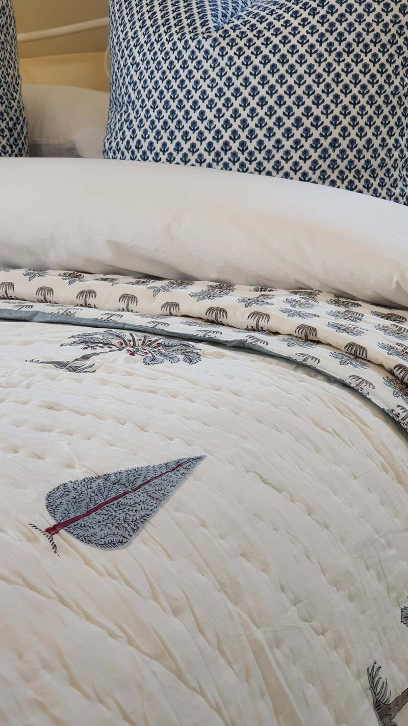 Load image into Gallery viewer, Kolka Palm &amp; Pine Reversible Quilt 100% Cotton Blue - King Size-3
