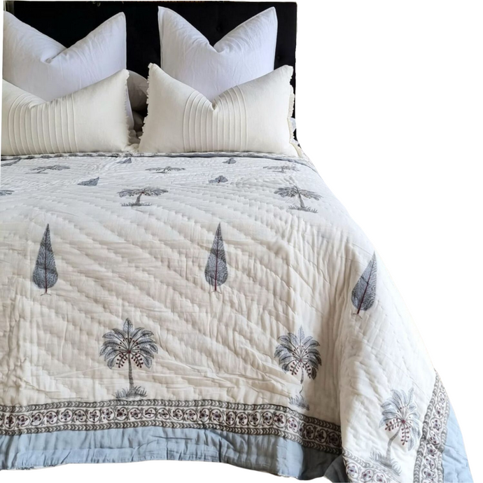 Kolka Palm & Pine Reversible Quilt 100% Cotton Blue - King Size-0