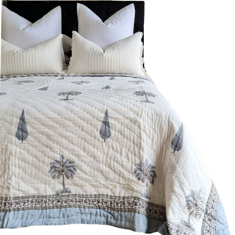 Load image into Gallery viewer, Kolka Palm &amp; Pine Reversible Quilt 100% Cotton Blue - King Size-0
