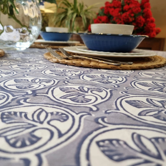 Kolka Lotus Handle Block-Printed Simple Dining Table Tablecloth - Grey-3