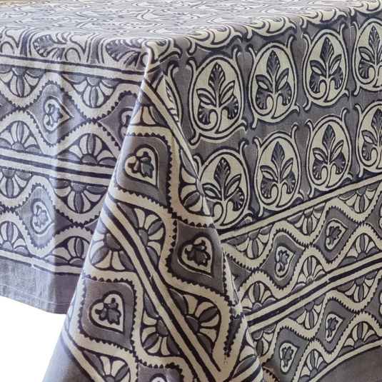 Kolka Lotus Handle Block-Printed Simple Dining Table Tablecloth - Grey-0