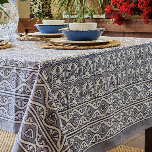 Kolka Lotus Handle Block-Printed Simple Dining Table Tablecloth - Grey-2