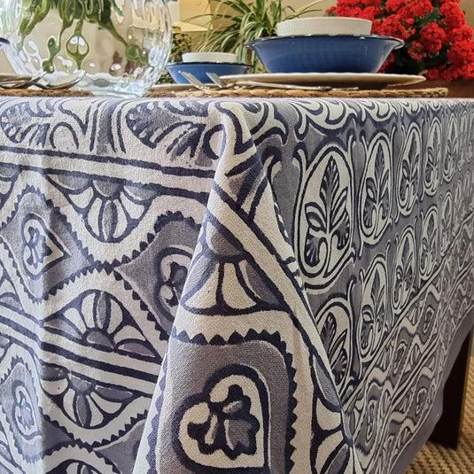 Kolka Lotus Handle Block-Printed Simple Dining Table Tablecloth - Grey-4
