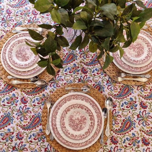 Kolka Indian Paisley Hand Made Block-Printed Tablecloth - Ruby-1