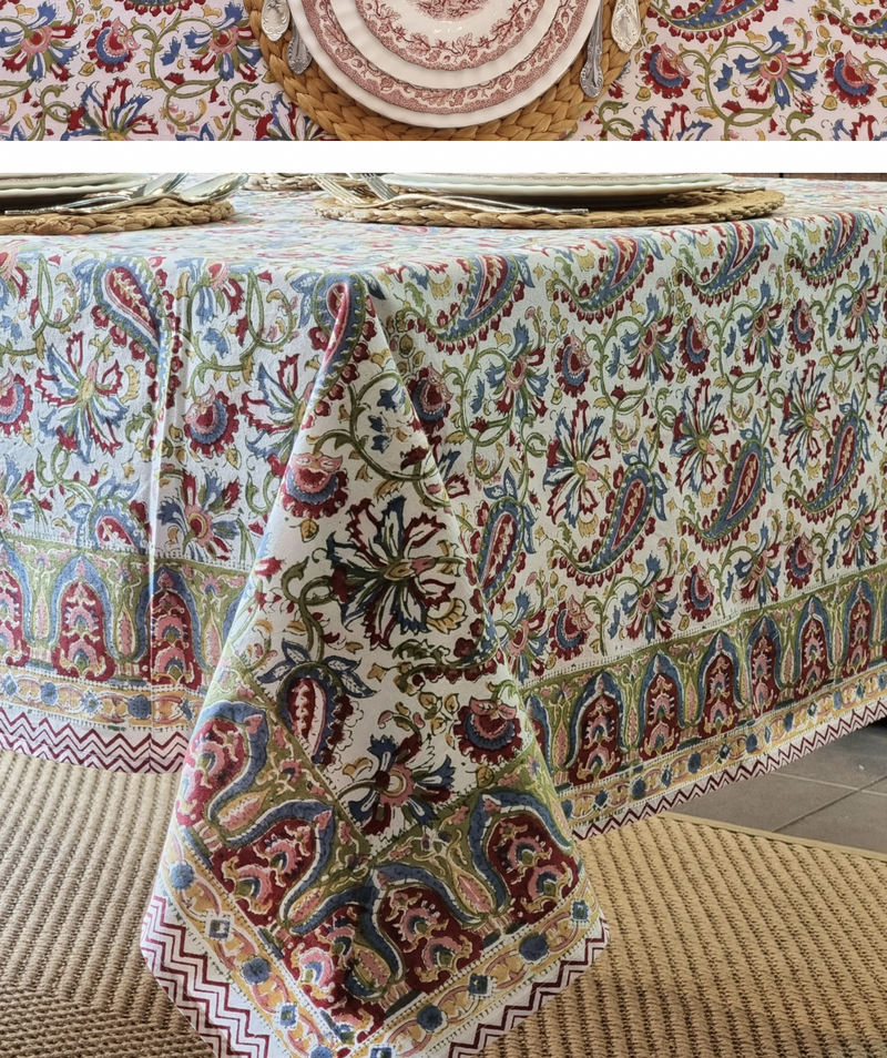 Load image into Gallery viewer, Kolka Indian Paisley Hand Made Block-Printed Tablecloth - Ruby-2
