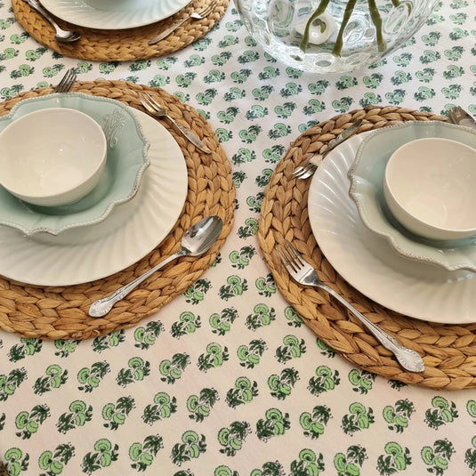 Kolka Rosemary Hand Block-Printed Cotton Tablecloth - Green-3
