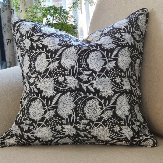 1x Kolka Black Floral Lounge Decorative Cushion Soft Cotton Cover - Black-1