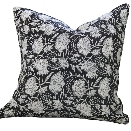 1x Kolka Black Floral Lounge Decorative Cushion Soft Cotton Cover - Black-0