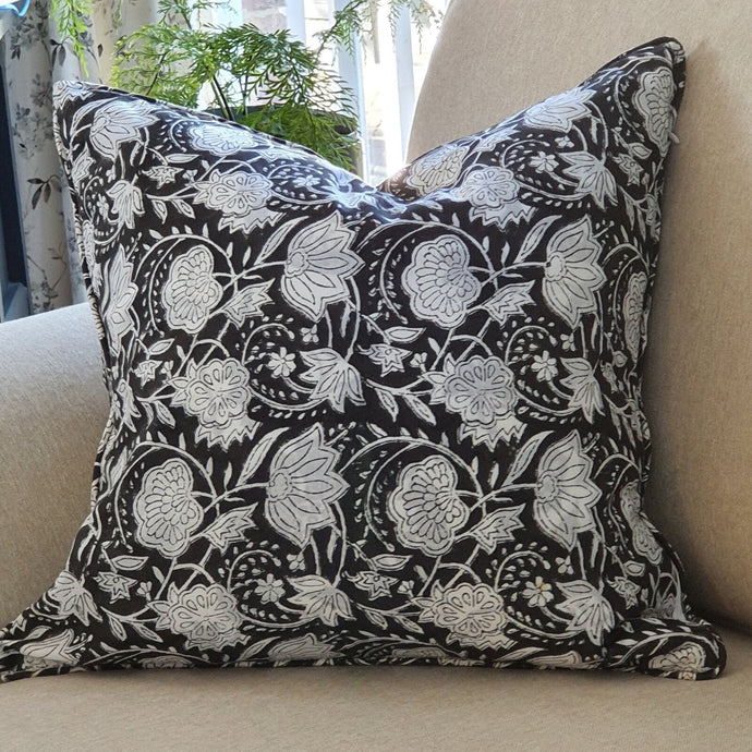 1x Kolka Black Floral Lounge Decorative Cushion Soft Cotton Cover - Black-0
