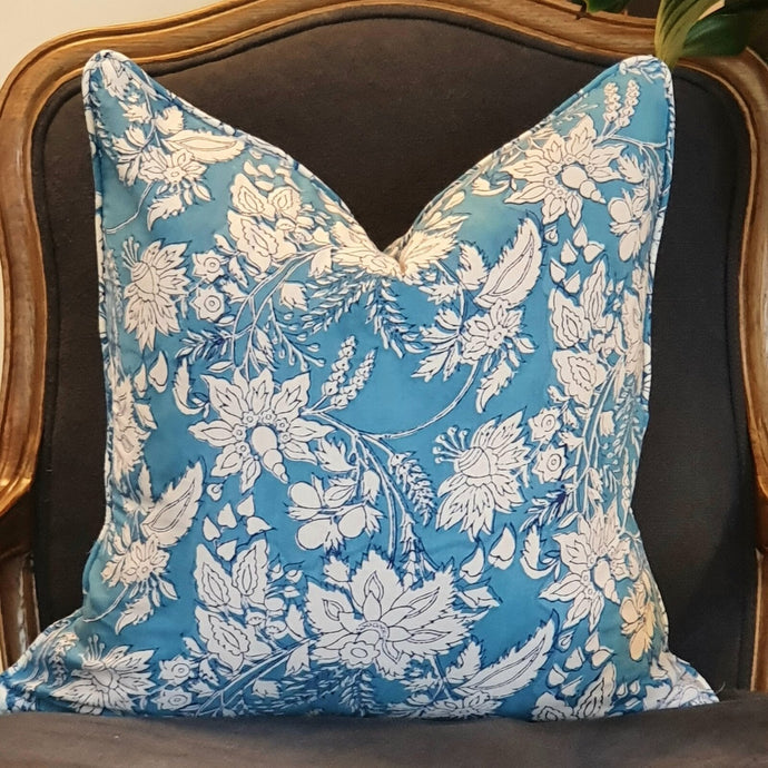 Kolka Blue Hamptons Soft Cotton Voile Decorative Block-Printed Cushion - Blue-0