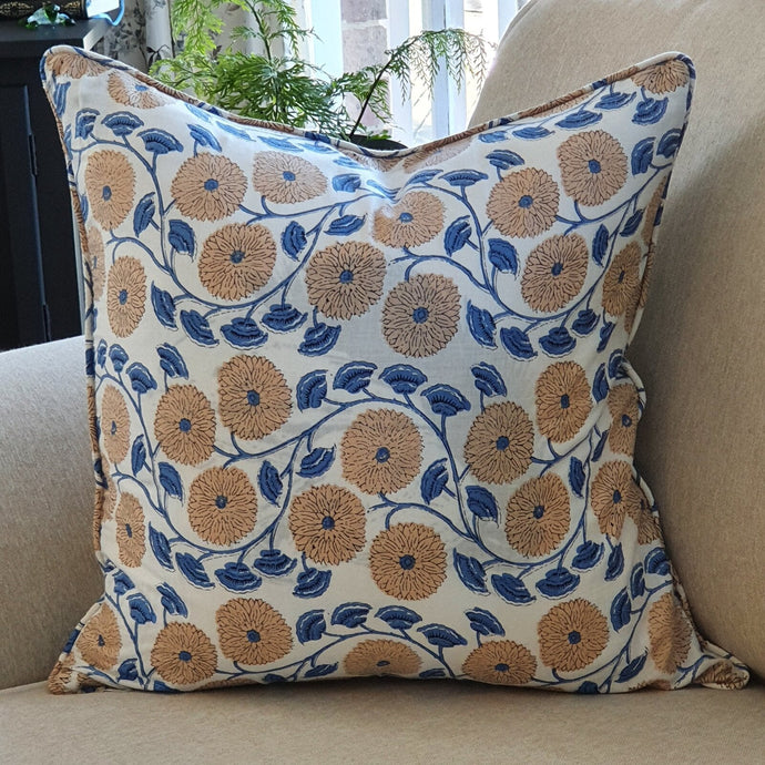 Kolka Boho Floral Soft Cotton Voile Decorative Cushion Hand Block-Printed - Blue-0