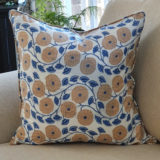 Kolka Boho Floral Soft Cotton Voile Decorative Cushion Hand Block-Printed - Blue-0