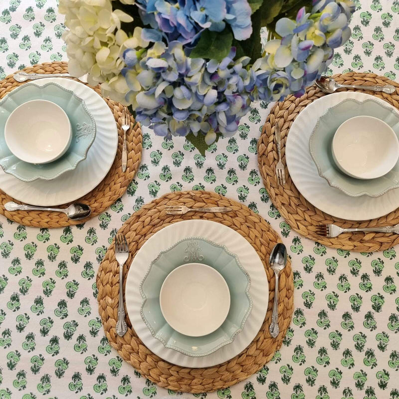 Load image into Gallery viewer, Kolka Rosemary Hand Block-Printed Cotton Tablecloth - Green
