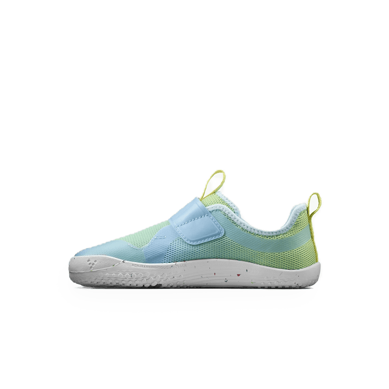 Load image into Gallery viewer, Vivobarefoot Primus Sport IV Kids Barefoot Trainers – Skyway in blue and green, designed for natural movement and flexibility.
