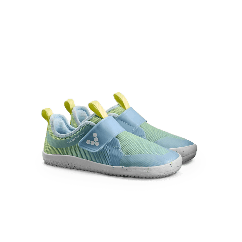 Load image into Gallery viewer, Vivobarefoot Primus Sport IV Kids Barefoot Trainers – Skyway in blue and green colors for active children.
