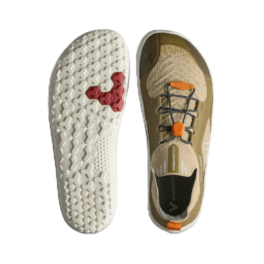 Vivobarefoot Primus Trail Knit FG Juniors Peyote trail shoes top and sole view, designed for natural movement.