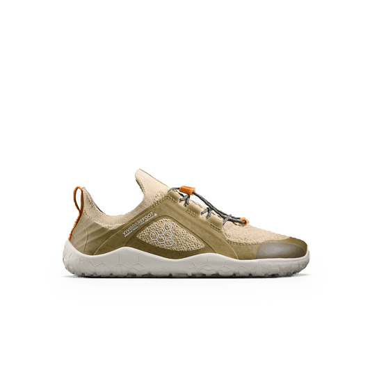 Vivobarefoot Primus Trail Knit FG Juniors Peyote lightweight barefoot trail shoes for kids.