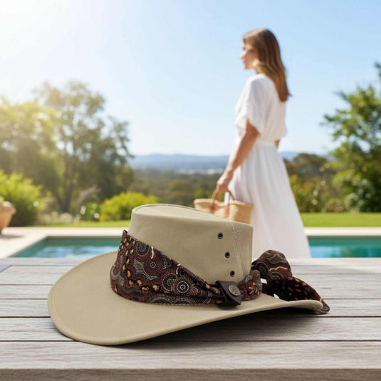 Jacaru 1152 Kangaroo Ladies Breeze Hat – Mesh Crown & Aboriginal Scarf | Made in Australia