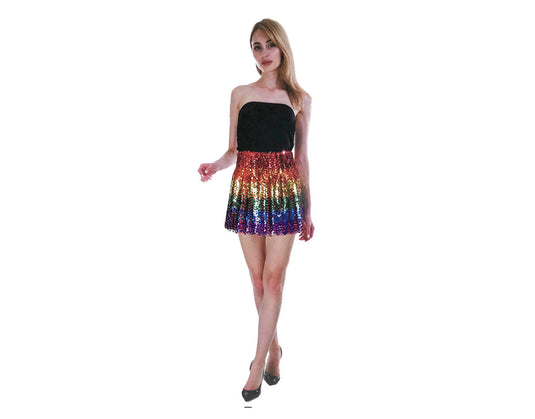 Ladies Sequin Fringe Tassel Skirt Adult Costume Dance Party Dress Up - Rainbow-2