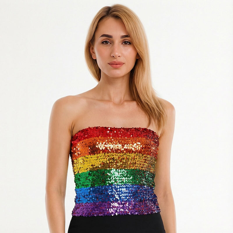 Load image into Gallery viewer, Womens SEQUIN BANDEAU CROP TOP Sparkling Sparkly Costume Tube - Rainbow-1
