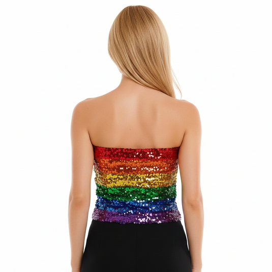 Womens SEQUIN BANDEAU CROP TOP Sparkling Sparkly Costume Tube - Rainbow-2