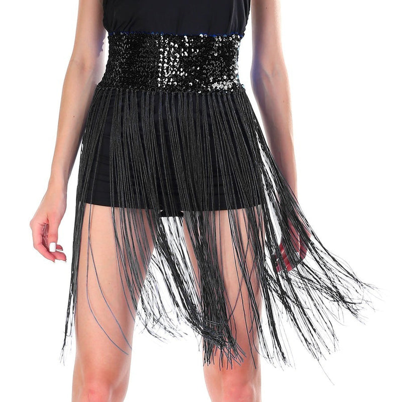 Load image into Gallery viewer, Sequin Belt w/Fringe Skirt 20s Flapper Dance Costume Party - Black-1
