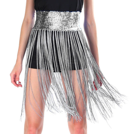 Sequin Belt w/Fringe Skirt Belly Dance Dancer Costume Party - Silver/White-0