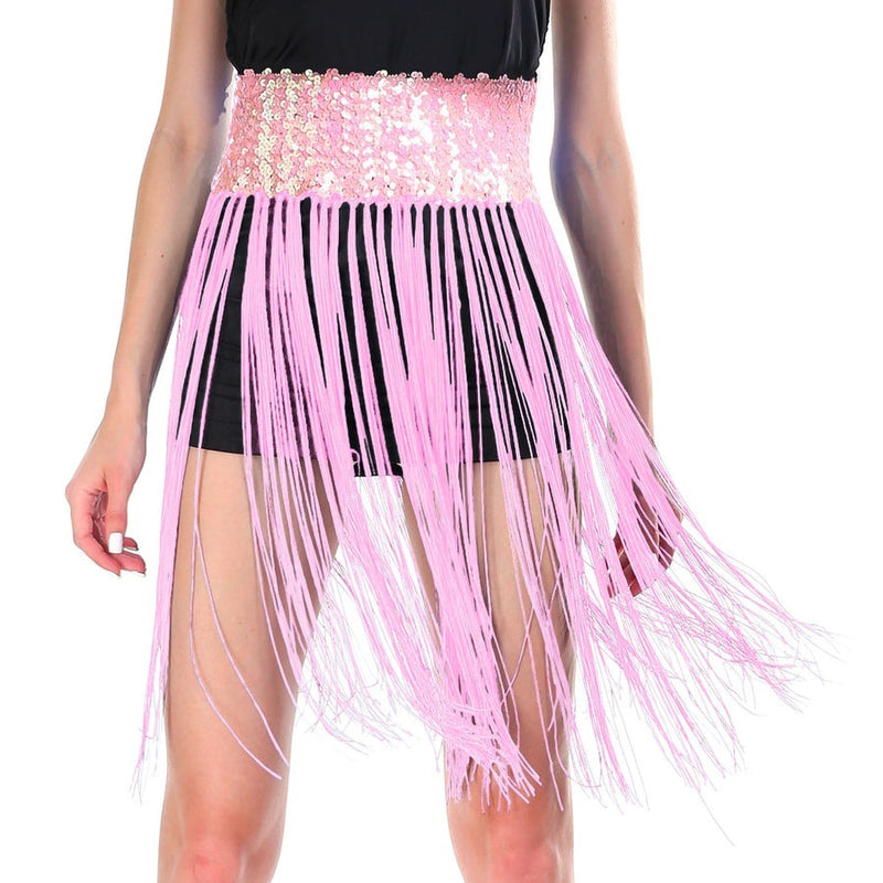 Load image into Gallery viewer, Sequin Belt w/Fringe Skirt 20s Flapper Dance Costume Party - Light Pink-0
